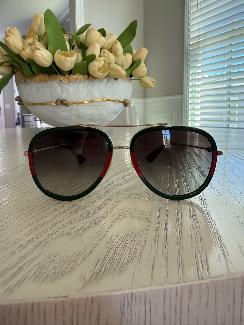 Gucci Women's Aviator Sunglasses in Green and Red Trim